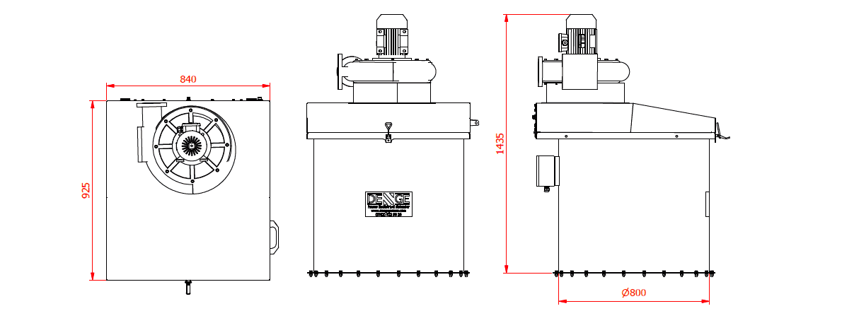 Denge Proses 24 m² – 2400 m³/h fanlı tip kartuşlu jet filtre teknik çizimi ve ürün görseli. Fan motoru yerleşimi, üst gövde ölçüleri ve 800 mm çapındaki silo bağlantı ölçüleriyle birlikte detaylandırılmıştır.