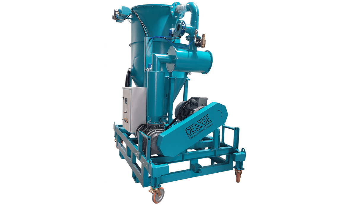 Mobil pnömatik taşıma sistemi: jet siklon ayırıcı, roots blower, rotary valf, kontrol panosu ve hareketli şase üzerinde çalışan taşınabilir vakumlu malzeme taşıma ekipmanı