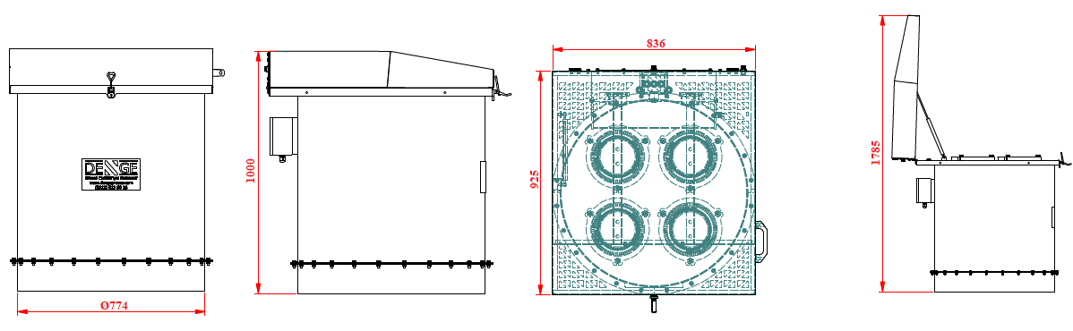 Denge Proses silo üstü jet pulse filtre teknik çizimi – 25 m² kartuşlu jet filtre ölçüleri ve model görünümü